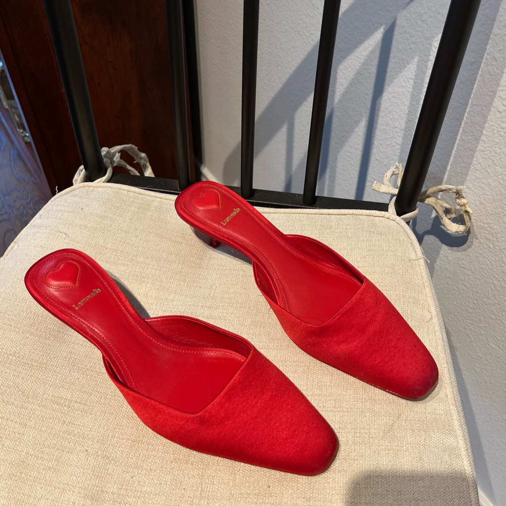 Larroude red satin kitten heel